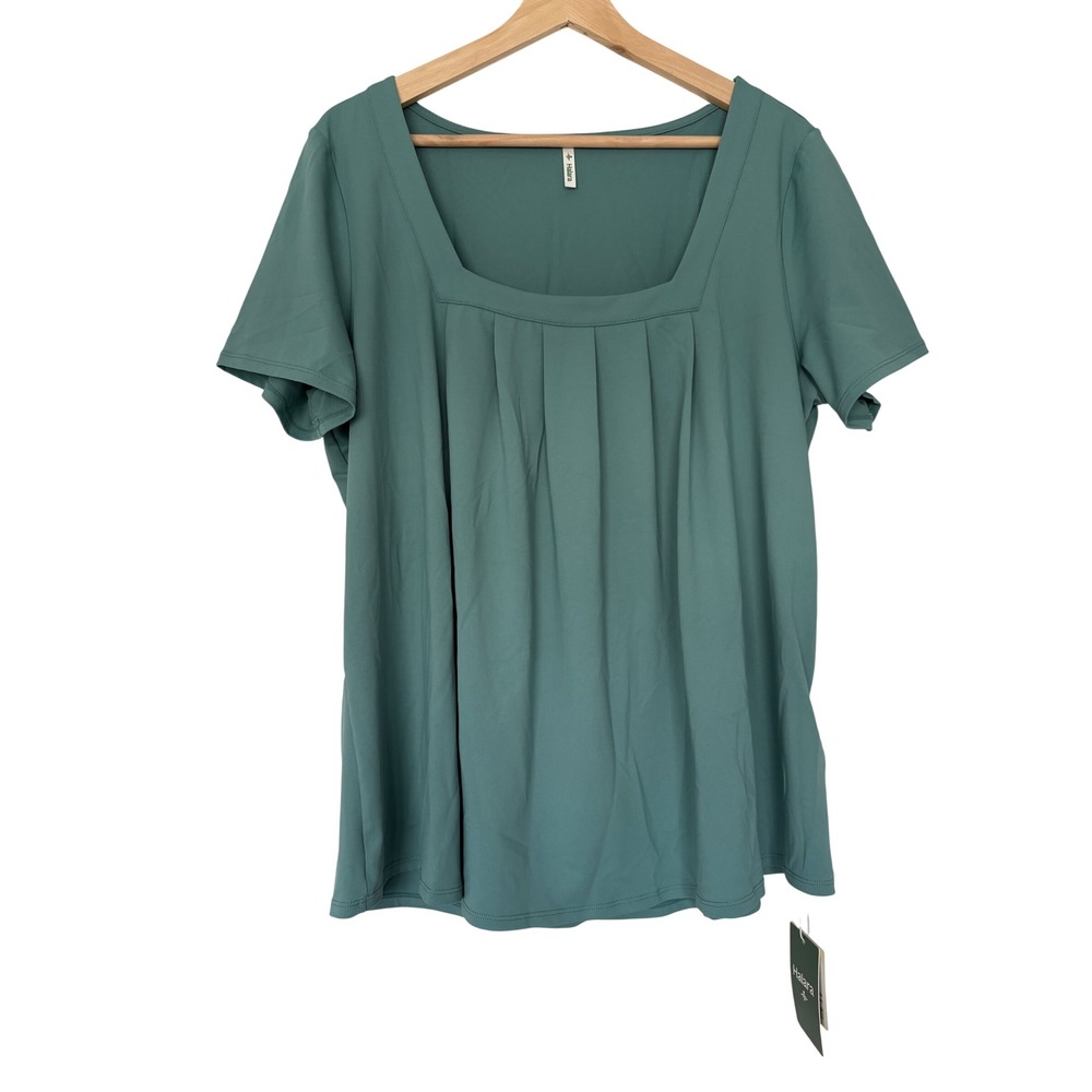 Halara Womens XL Teal Green Square Neck Pleated Short Sleeve Active Top NWT